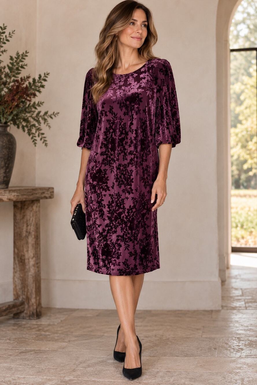 Purple Floral Burnout Velvet Midi Dress 14 Whimsigoth Dark Romantic Puff Sleeves